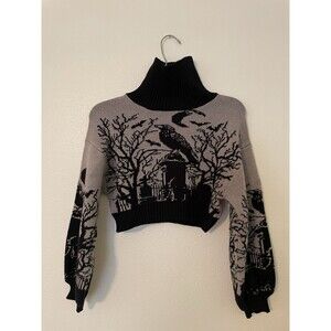 Romwe Black Tan Small Turtle Neck Long Sleeve Cropped Sweater Halloween Raven
